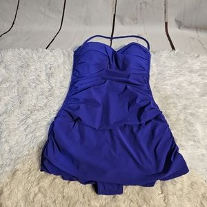 Blue Swim‎ Dress One Piece Swimsuit Ruched Halter Flounce Hem Size 10